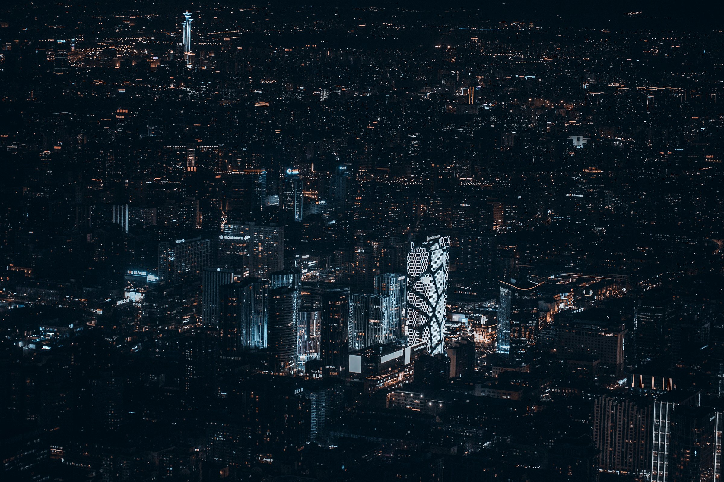 City lights at night, seen from the air